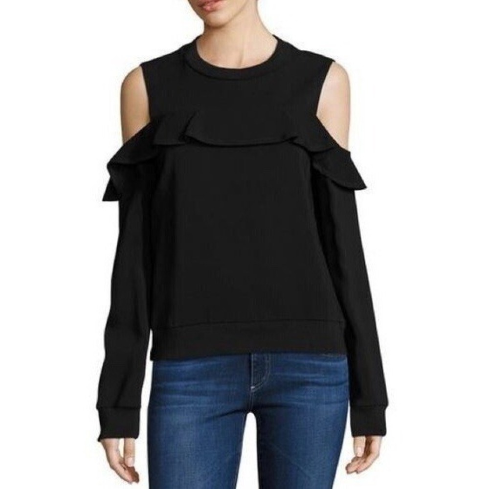 ALC Women's Shirt Size 0 Black Cold‎ Shoulder Ruffle Trim Silk Blend Long Sleeve